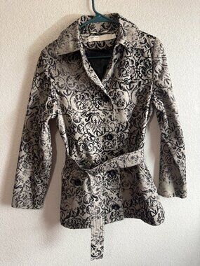 Vintage Perry Ellis Damask Jacquard Woven Belted Trench Jacket Coat Size 6